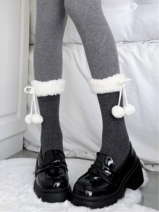 Gray Ribbed Cuff Socks Dark Calf Pom-Pom Fuzzy