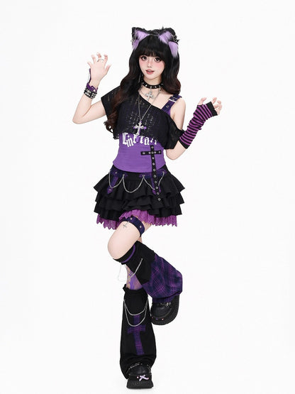 Purple & Black Plaid Tiered Skirt with Cross Chain and Lace - CRAZY GIRL