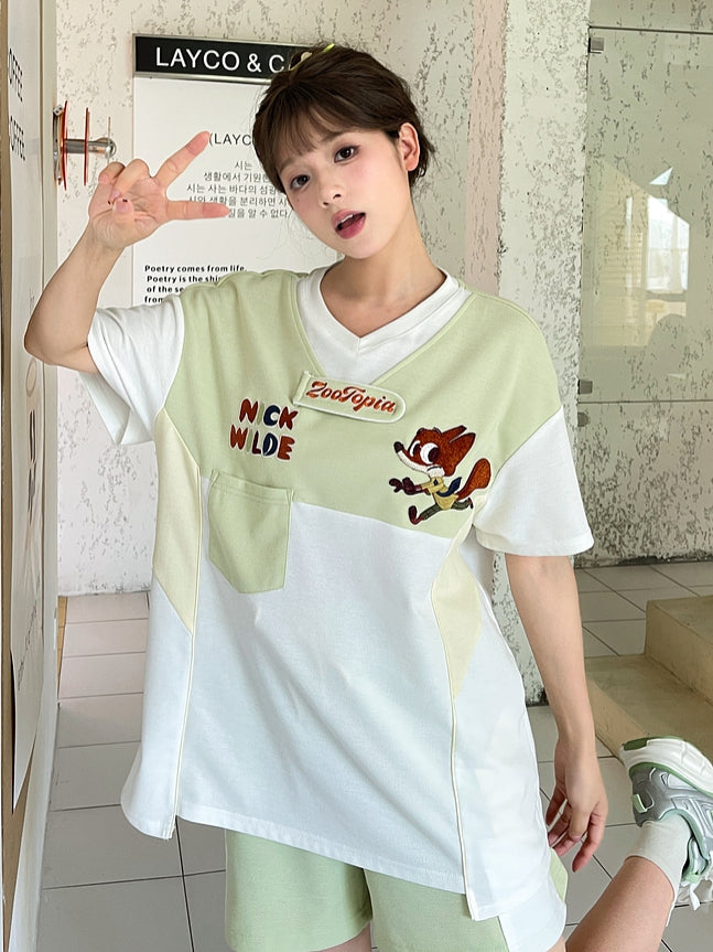 ズートピア ニックグリーン Vネック カラーブロック デザイン Tシャツ