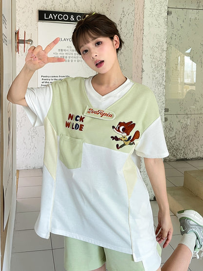 ズートピア ニックグリーン Vネック カラーブロック デザイン Tシャツ