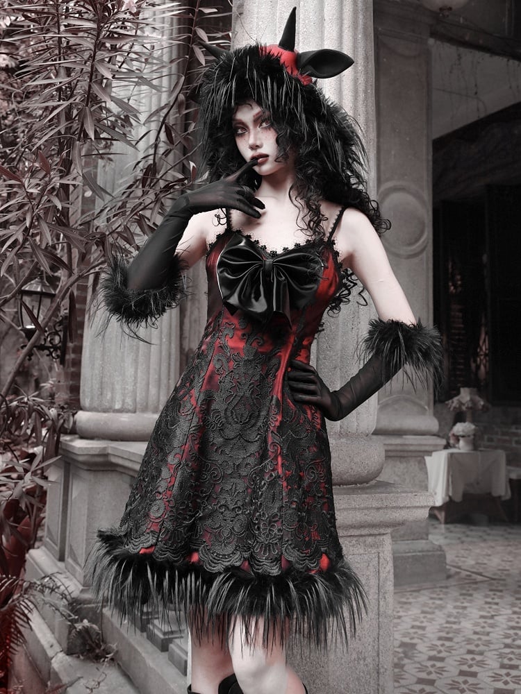 Rotes neues Kleid PU Big Bow Mieder Goth Vampir Spaghettiträger Kleid