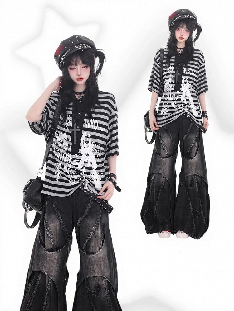 Dark Kawaii Black Striped Loose Short Sleeve T-shirt with Graffiti Print - KNOW8 Online Shop