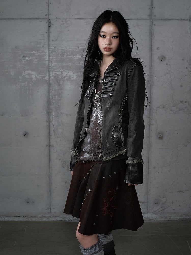 Hooded Detachable Gray Dark Hem Finish with Denim Distressed Jacket Corduroy