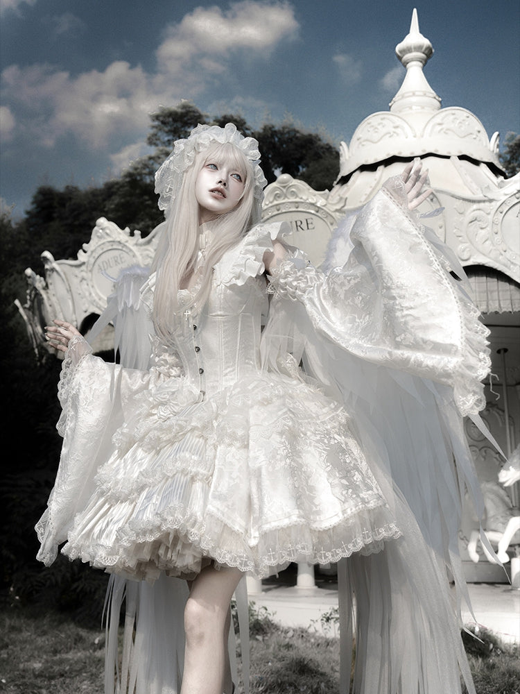 Shiro Gothic Lolita Full Set with Boned Corset Top, Skirt, Collar, Bell Sleeves and Accessories in All White - Somnium Isle