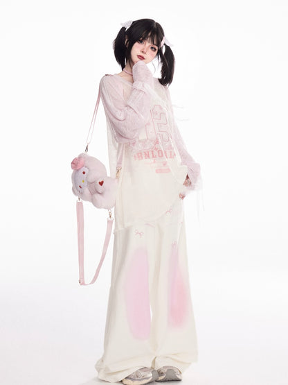 ピンクのオンブレローアプリコットリボンプリントワイドレッグパンツウエスト