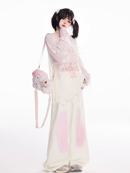 袖口ナンバープリント ブロケットコア セミシースルーカバーアップ ピンク Vネック 蝶結び