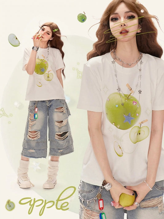 Embellished T-Shirt Green Apple Print White Round Neck Rhinestones