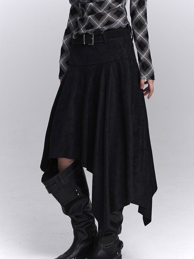 Maillard Fashion Taschentuchrock Saum Asymmetrisch Passender Schwarzer Wildledergürtel mit