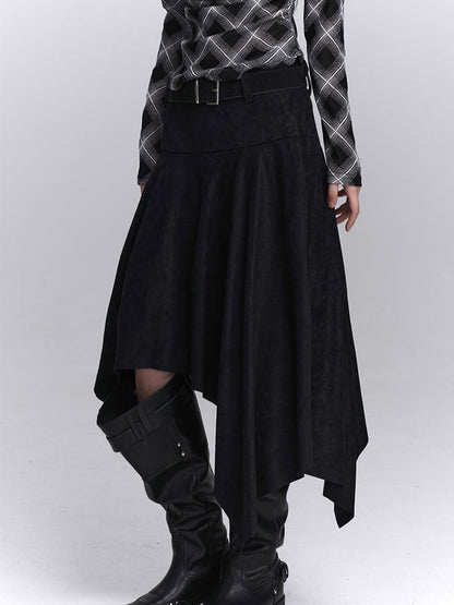 Maillard Fashion Taschentuchrock Saum Asymmetrisch Passender Schwarzer Wildledergürtel mit