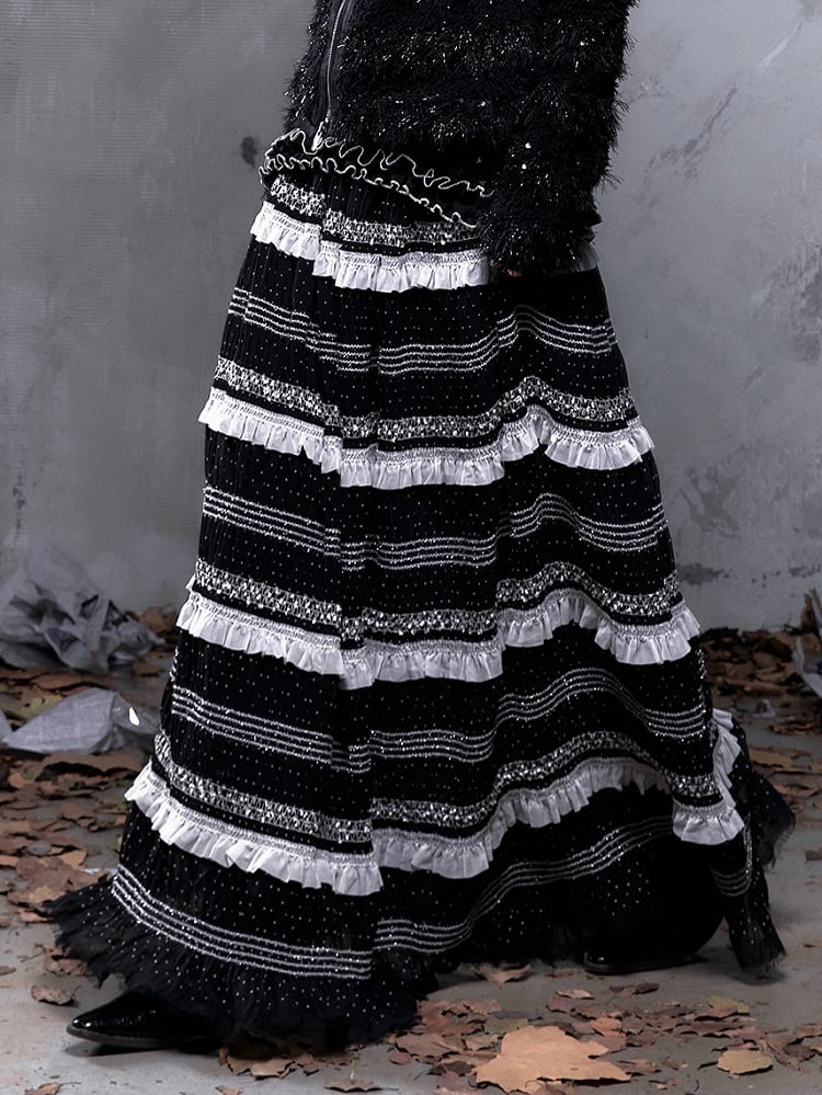 Polka Tulle Gothic Waistband with Hem Striped Studded A-Line + Length Skirt Dots Floor Black