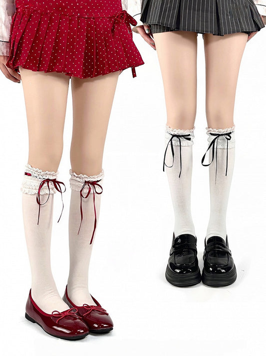 Lace Trim Bowknots White/Red/Black Socks Calf White with Lolita