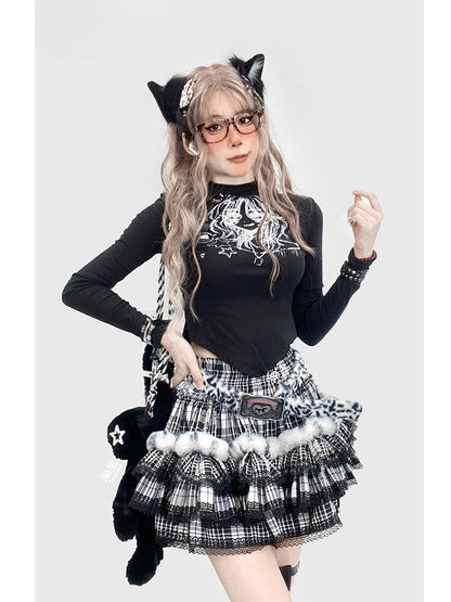 ブラックチェック柄レーストリムティアードスカート