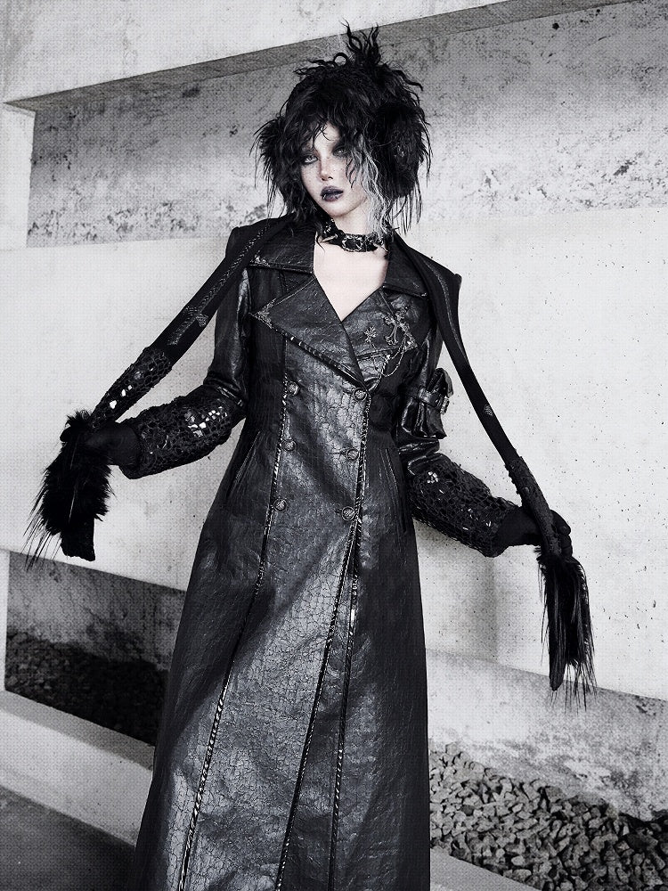 Black Fanx Fur and Snakeskin Grain Cross Shaped Panels Scarf