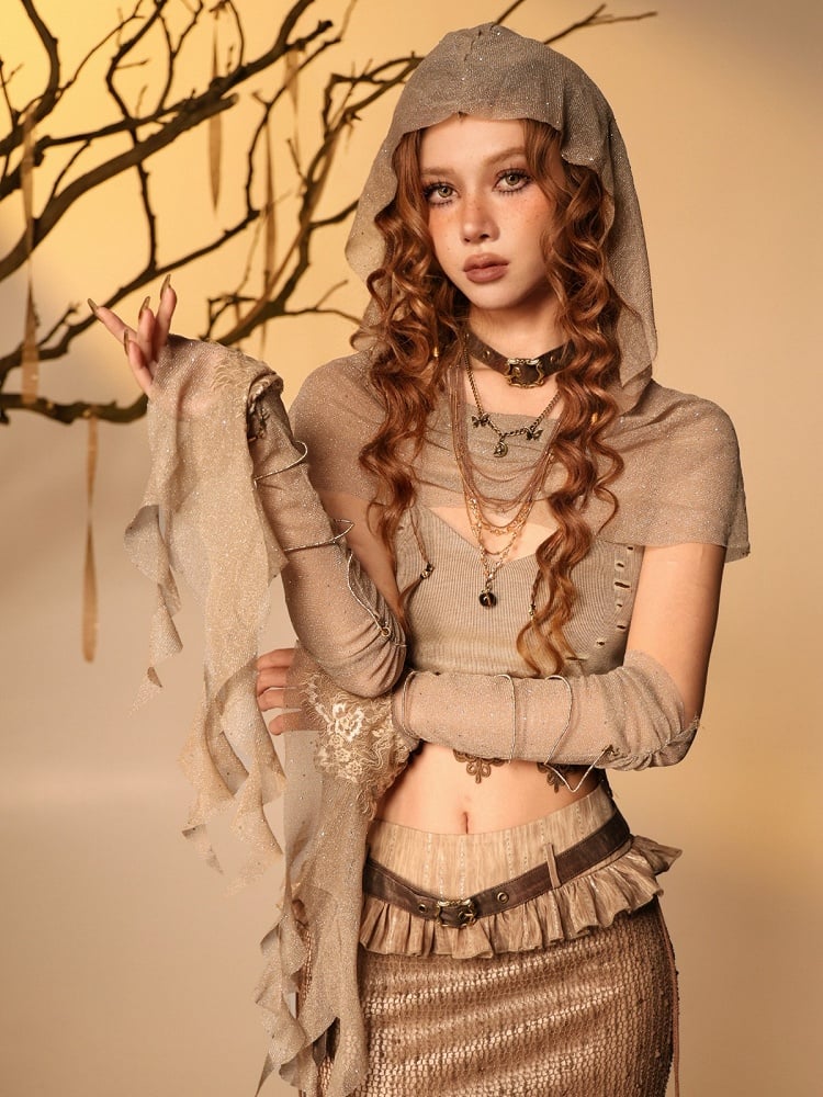 Distressed Brown Cami Top with Lace Edging - Virtual Orbit