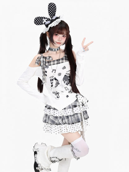 Ivory Asymmetric Tartan Cutout Top with Celestial Kitten Print - CRAZY GIRL