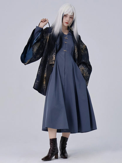 Dusty Collar Point Blue Chinese with Dress in Shirt Flat Style