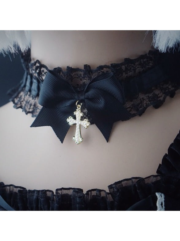 Gothic Black Bow Choker with Cross Pendant - Strange Sugar