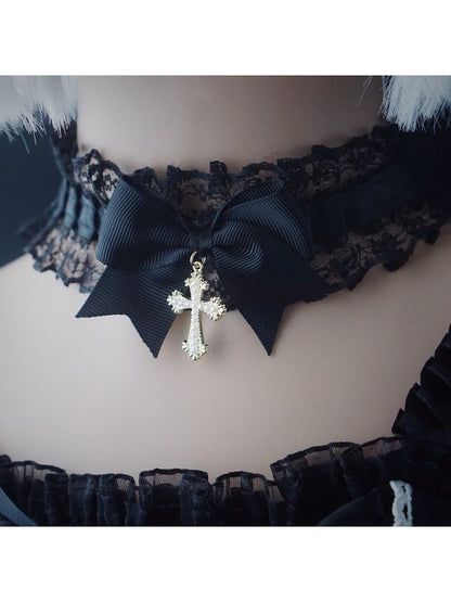 Gothic Black Bow Choker with Cross Pendant - Strange Sugar