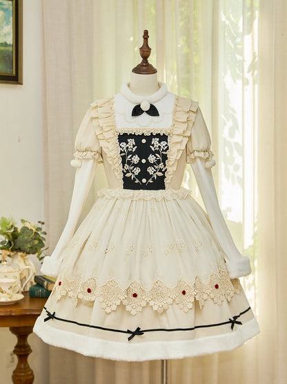 und Ausschnitt Beige Lange Ärmel Manschetten Lolita Floral Plüsch Kleid Mieder Stickerei