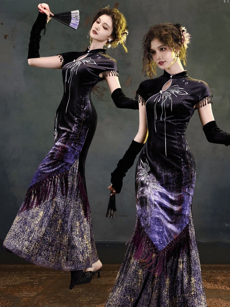 Chinese Qipao Butterfly Wing Embroidered Mermaid Dress Fringe - sijinstudio