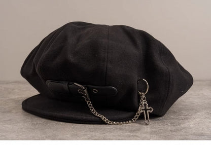 Gothic Beret Chain Buckle with Black Handmade PU Cross