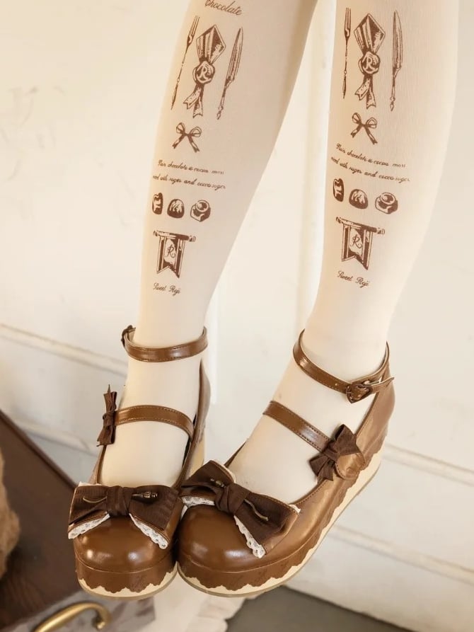 Sweet Decoration Striped Bow with Jane Shoes Lace Mary Trim PU Platform Brown