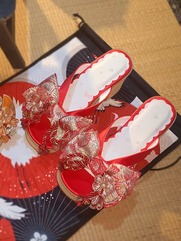 Red 8cm Heel Clogs with Floral Details - Aimee