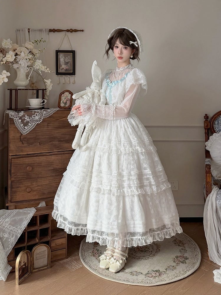 Classic White & Blue Lolita Long JSK Gown with Butterfly Bow and Layered Skirt - Miss Cube Dressworks