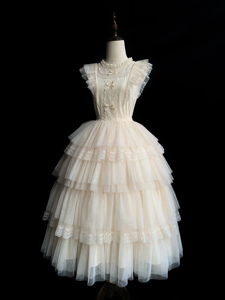 Beige OP Skirt Tulle Dress Lolita Sleeves Tiered Round Flutter Neck Ruffle