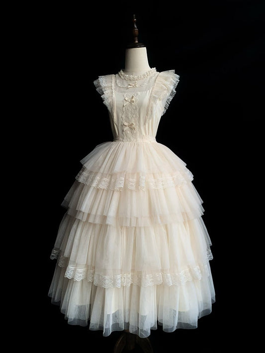 Beige OP Skirt Tulle Dress Lolita Sleeves Tiered Round Flutter Neck Ruffle