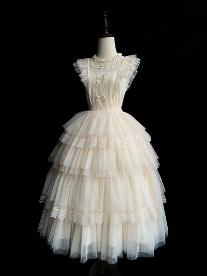 Beige Flutter Sleeve Ruffle Round Neck Tulle Tiered Skirt Lolita OP - With PUJI