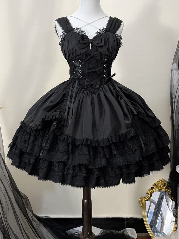 Waist Tiered Princess Black Basque Skirt Dress Drawstring Lolita with Gothic