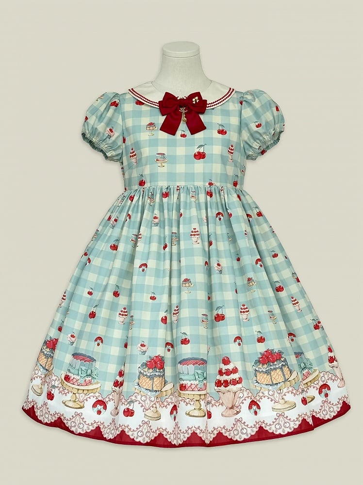 ミントグリーンのハイウエストチェリー＆デザートプリントのスイートロリータギンガムドレス