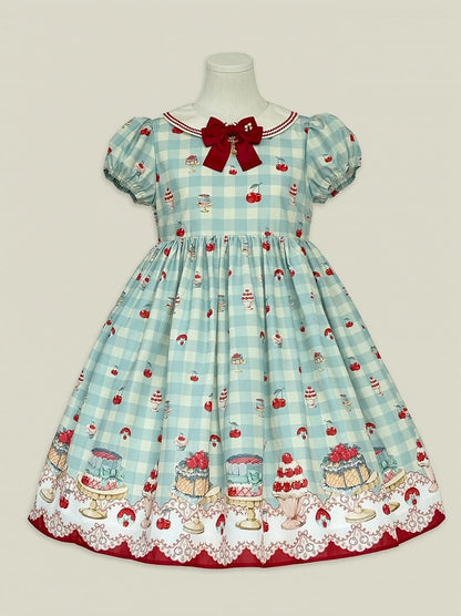 ミントグリーンのハイウエストチェリー＆デザートプリントのスイートロリータギンガムドレス