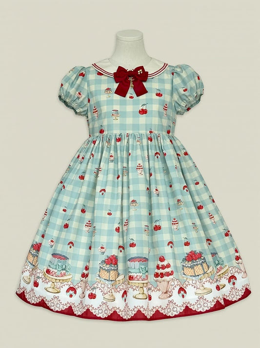 Mintgrünes Lolita-Kleid mit hoher Taille und Kirsch- und Dessert-Print