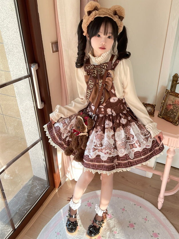 Coffee Chocolate Teddy Bear Lace Trim Big Bow Sweet Lolita Dress Jumper Skirt
