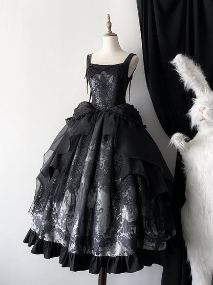 Overlay Layered Dress Gothic Irregular Lolita Gray JSK Black with
