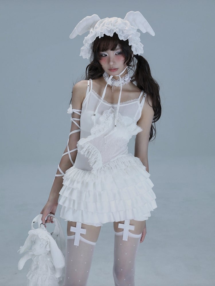 Lace-trimmed with Multi-Layer Ballet-Inspired Hem Cami White Star Top Ruffle Rhinestone