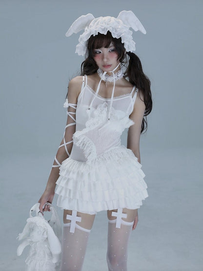 Lace-trimmed with Multi-Layer Ballet-Inspired Hem Cami White Star Top Ruffle Rhinestone