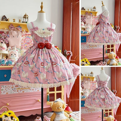 Kitty Cake Fashion Kleid Sweet and Showa Pink Lolita Print Cherry