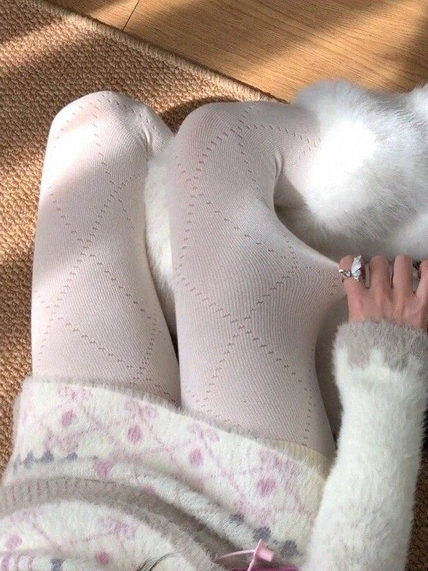 Diamond Ribbed (5 Colors） Accents Eyelet Tights with