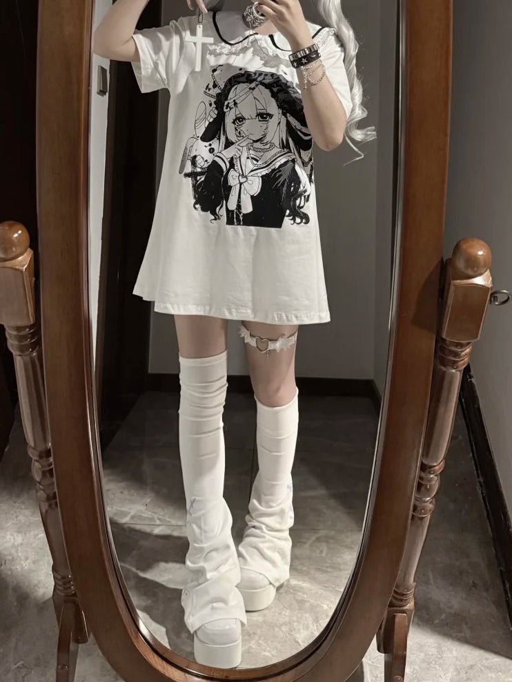 Pan Jirai Kei T-shirt White Anime Girl Print Peter Collar