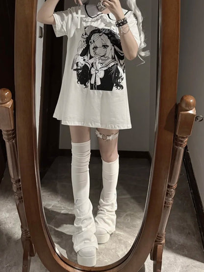 Pan Jirai Kei T-shirt White Anime Girl Print Peter Collar