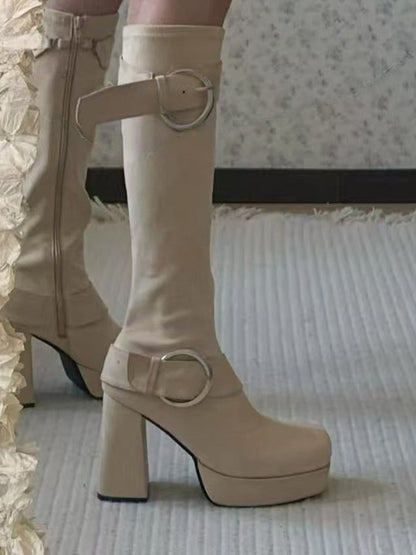 Lolita Heel Khaki - Inner Zip Knee-High Block Buckle Square Platform Boots High with Toe Accents
