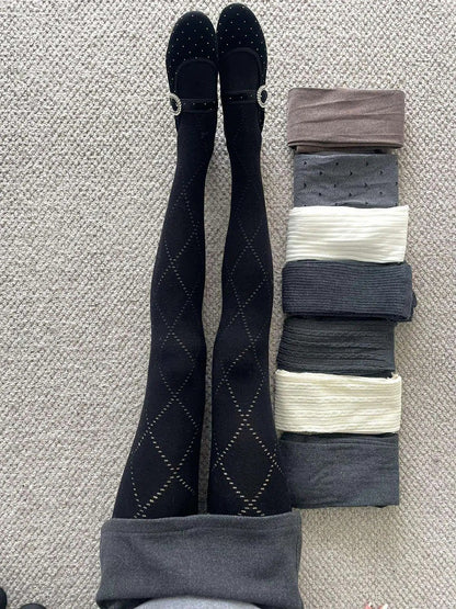 Diamond Ribbed (5 Colors） Accents Eyelet Tights with