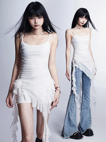 White Asymmetrical Ruffled Cami Dress Mini Hem Glamorous