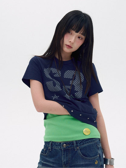 Navy Letter Print Tee with Star Studs - innomoood