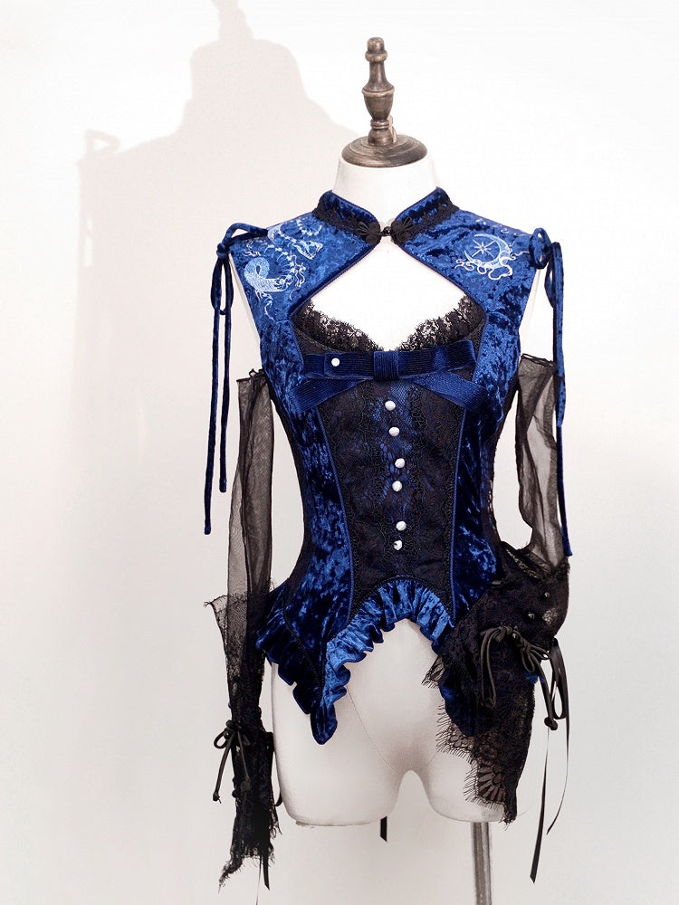 Dunkelblaues ärmelloses Oberteil aus Samt mit Cheongsam-Kragen und Schlangenknochen-Stickerei