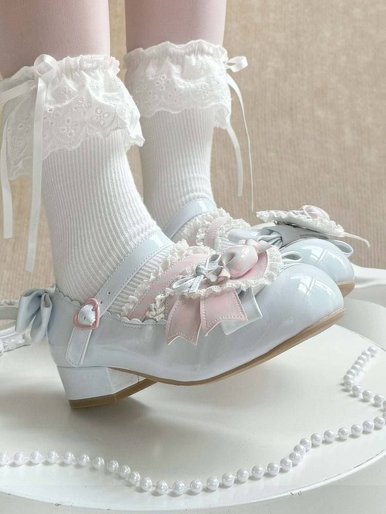 - Low Heels Pink mit Clip Style Lolita Sweet A Candy-Decorated Heart Shoe Bow Blue