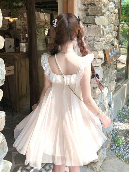 Sweet Apricot Dress with Bow and Lace Trim - Qchiwawameme